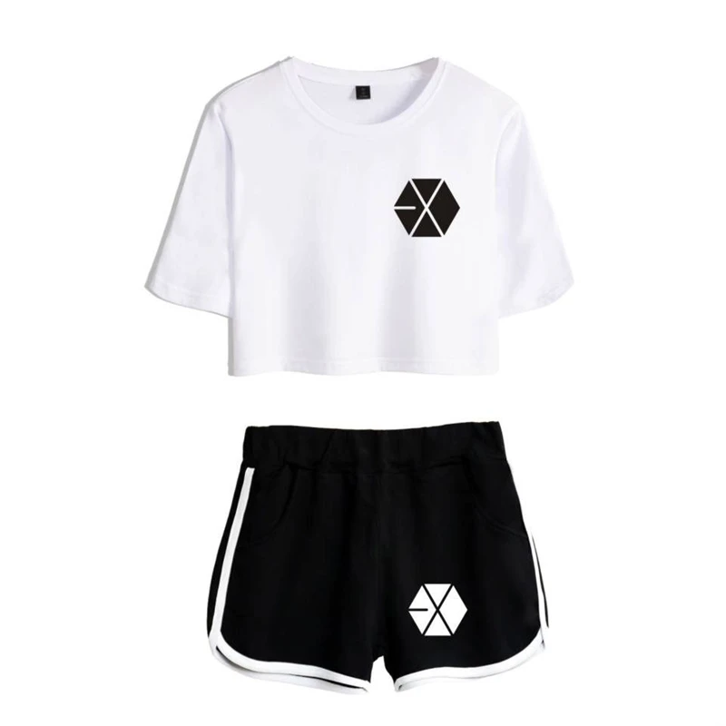 EXO Kpop Bangtan Boys Crop Top Women T shirt Summer Shorts And T-shirt Women Fashion Clothes (4)