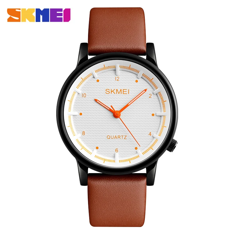 SKMEI простой бренд кварцевые часы Бизнес Мода повседневное кожаный браслет 3 бар водонепроницаемый Пряжка наручные часы большие двойные часы - Цвет: White Orange Brown