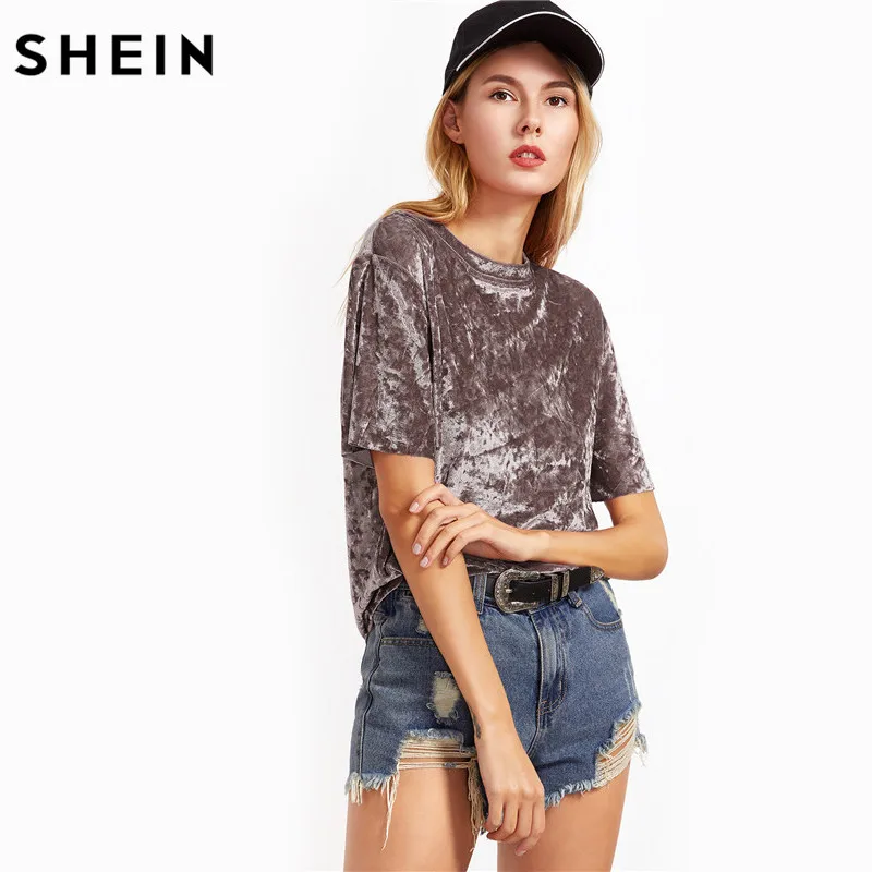 SHEIN T shirt Women Summer 2017 Womens Tops Coffee Short Sleeve Crushed Velvet T-shirt Casual Womens Tee Shirts