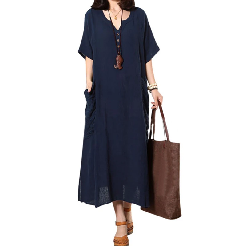 cotton linen v neck vintage printed pocket maxi dress