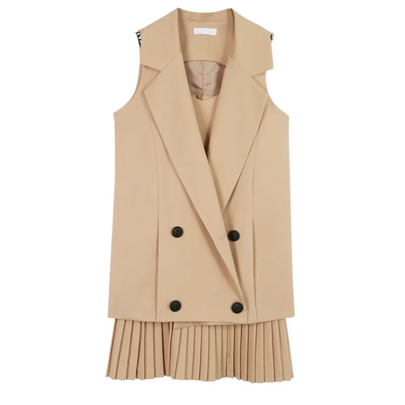 

Elegant Long Turn Down Collar OL Suit Vest Sleeveless Jacket Double Breasted + Pleated straps Sting Dress suit casual 2pcs/set