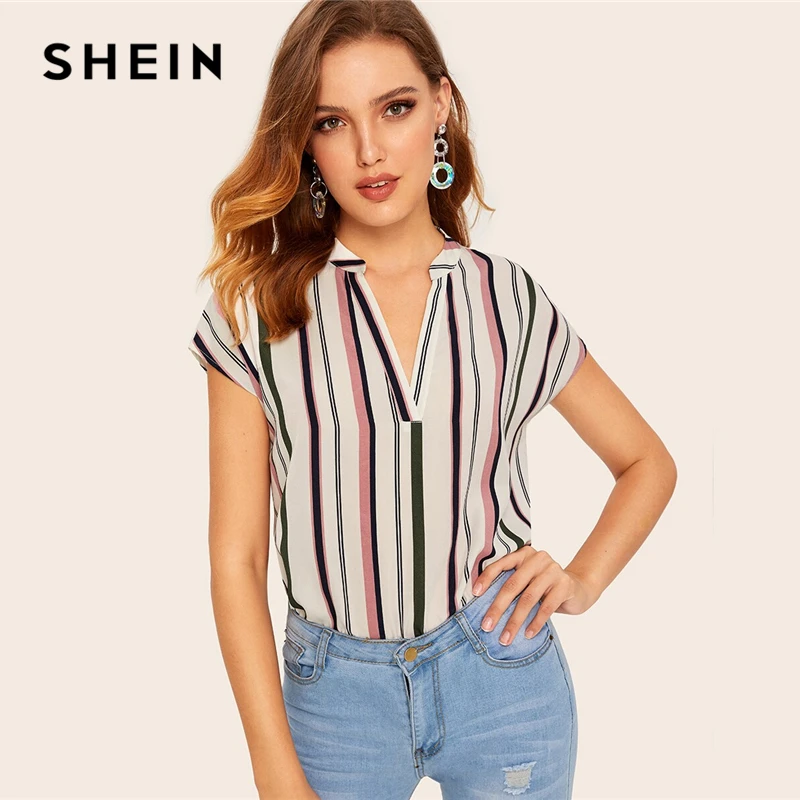 

SHEIN Multicolor V-cut Striped Top Summer Blouse Women Summer Dip Hem Cap Sleeve Workwear Casual 2019 Womens Tops and Blouses