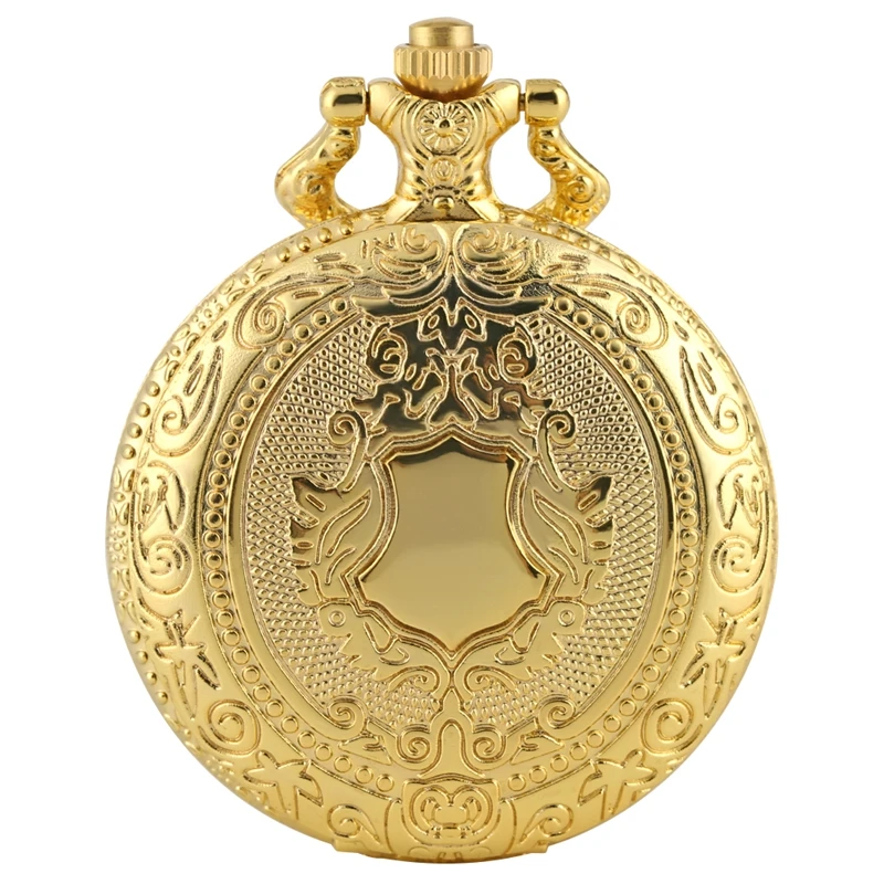 Royal Gold Shield Crown Pattern Quartz Pocket Watch Necklace - Luxury Steampunk Pendant Collectible Jewelry Gift