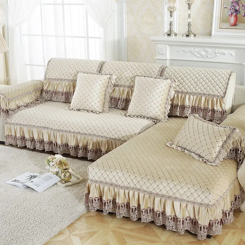Водонепроницаемый стеганый диван-накидка с кружевной вышивкой, роскошный диван-юбка, подходит для гостиной, дивана, украшения, различные стили - Цвет: 02