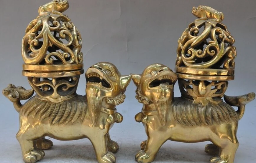 

china brass fengshui foo dog lion beast dragon statue incense burner Censer pair