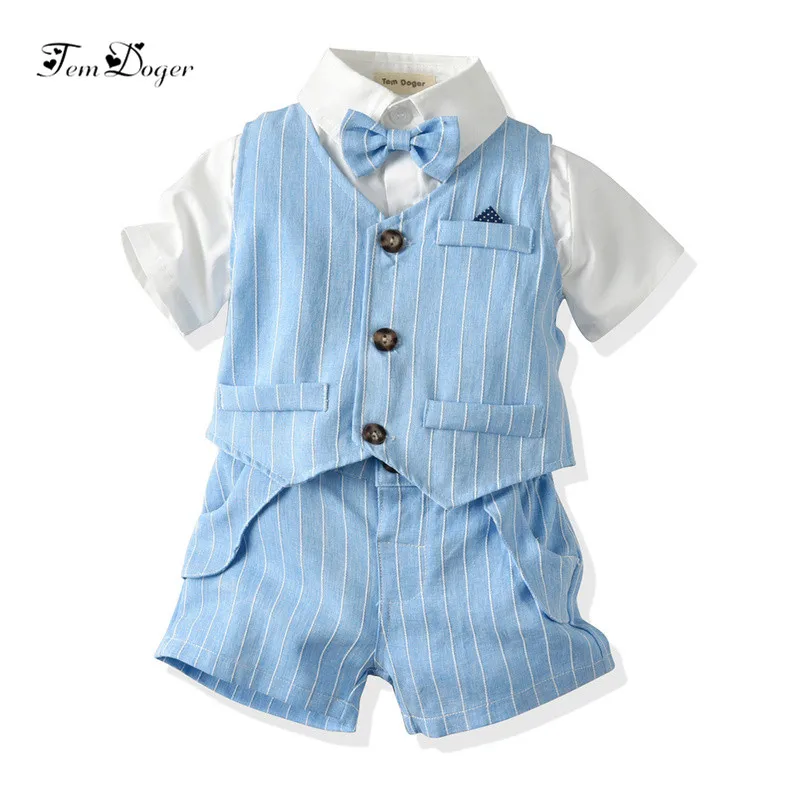 Tem Doger Baby Boy Gentleman Suit White Shirt Bow Tie+Striped Vest+Trousers 3Pcs Formal Kids Clothes Set