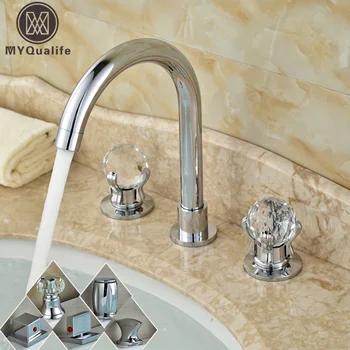 

Bright Chrome Deck Mounted 3 Holes Basin Sink Faucet Bathroom Goose Neck Washing Basin Mixers with Hot and Cold Water