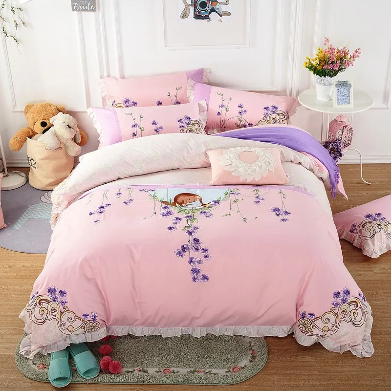 Best Princess style 100%Cotton Girls Bedding set Embroidery Queen King size Bedding sets Soft Duvet cover Bed sheet set Pillowcase 38
