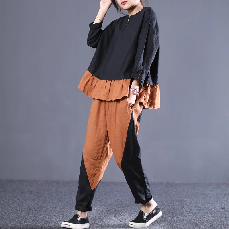 

[EWQ] 2019 Spring Autumn New Patter Office Lady Style Large Size Loose Pleated Color Patchwork V Collar Seven Sleeve Suit AF658