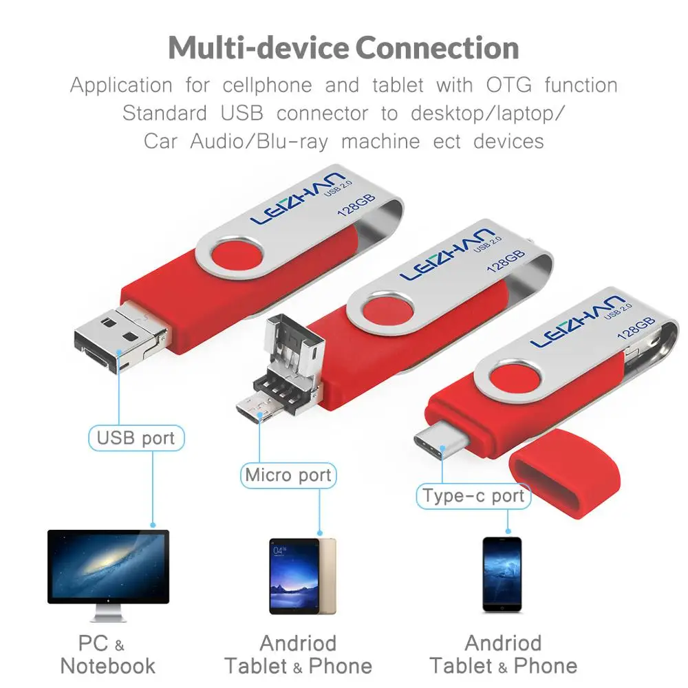 LEIZHAN 3 в 1 телефона Android OTG usb флеш накопитель Тип C photostick micro u диск 128 Гб 64 ГБ 32