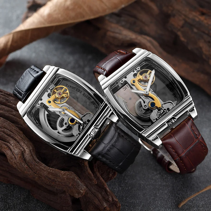Transparent Automatic Mechanical Watch Men Steampunk Skeleton Luxury Gear Self Winding Leather Mens Clock Watches Montre Homme mechanical watch