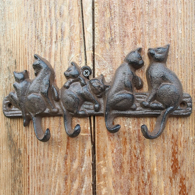 Cast Iron Rustic Wall Hooks 6 Cats Home Decor Animal Keyholder Metal  Organizer Kitchen Bath Hat