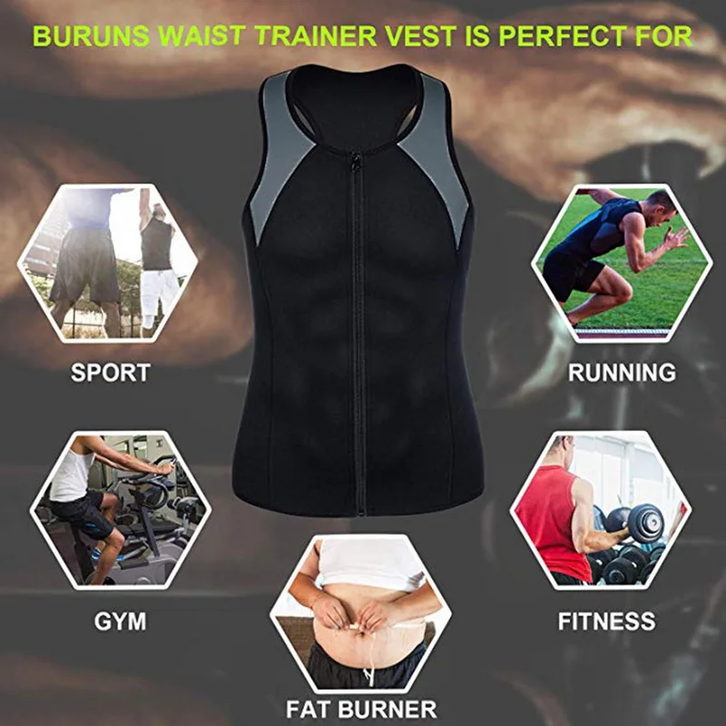 Sfit Mens Sauna Waist Trainer Vest Zipper Weight Loss Hot Sweat Neoprene Body Shaper Tank Top Casual Shaper Vest Plus Size