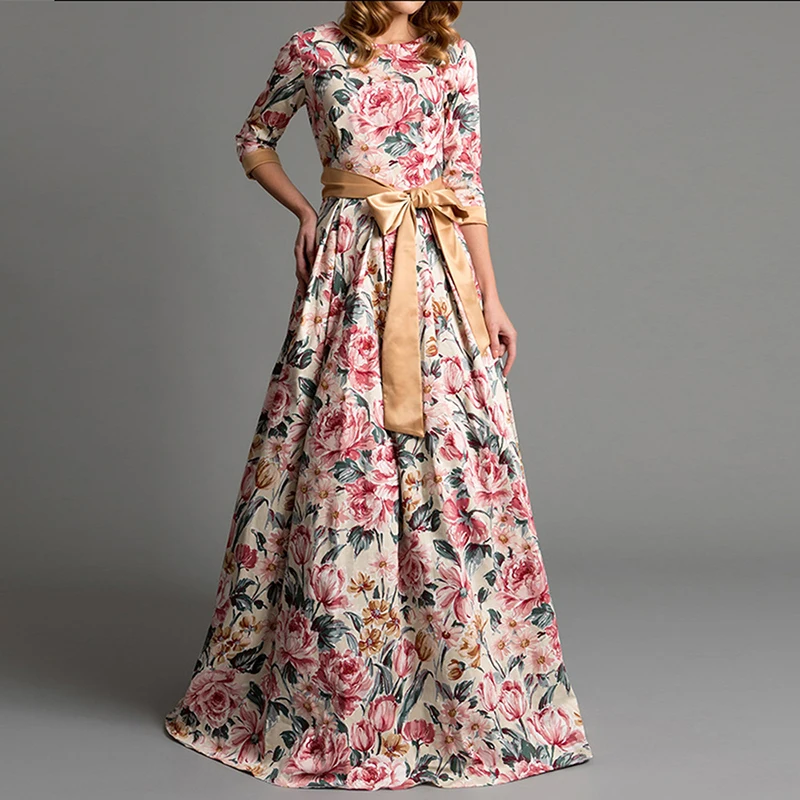 

Fenghua Boho 2019 Summer Dress Women Elegant Floral Print Pocket Long Party Dress Lady Sexy O-neck Bow Maxi Dress With Belt 2XL