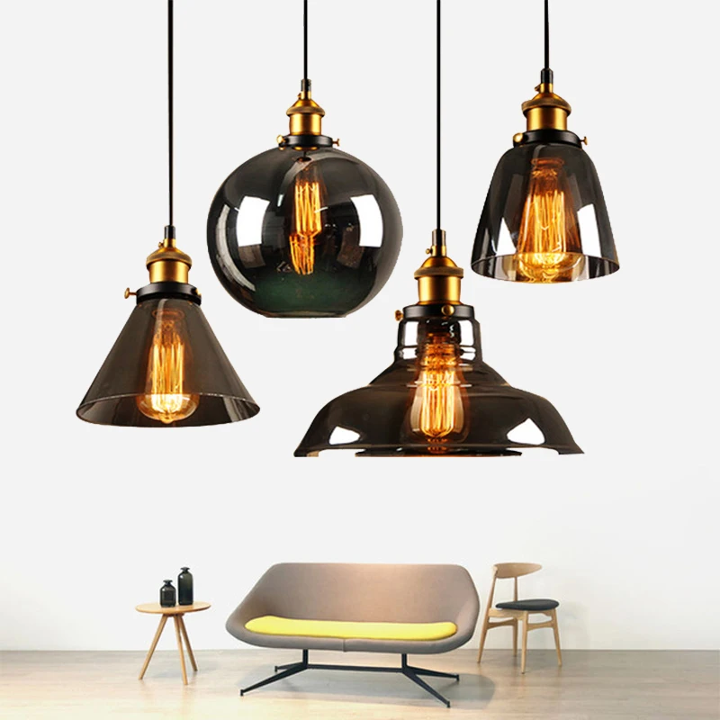 Vintage Smoky grey Glass Pendant Lamp AC85 265V E27 Amber Glass Pendant