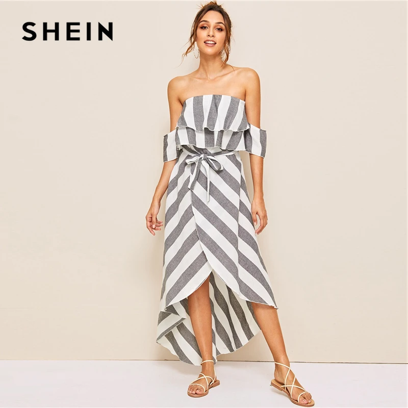 SHEIN, многоцветное длинное платье в полоску с оборкой и тюльпаном, с открытыми плечами, для женщин,, летнее, с высокой талией, Boho wrap Belted, платья