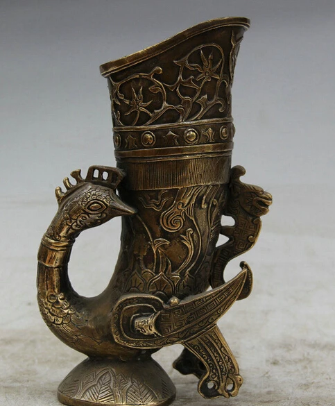 

wholesale factory 8" Chinese Dynasty palace Bronze Bird phoenix Beast Handle tumblerful Wine cup