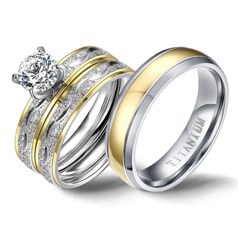 Gold Wedding Rings Antique Couple Crystal Cz Stone Ring Set For