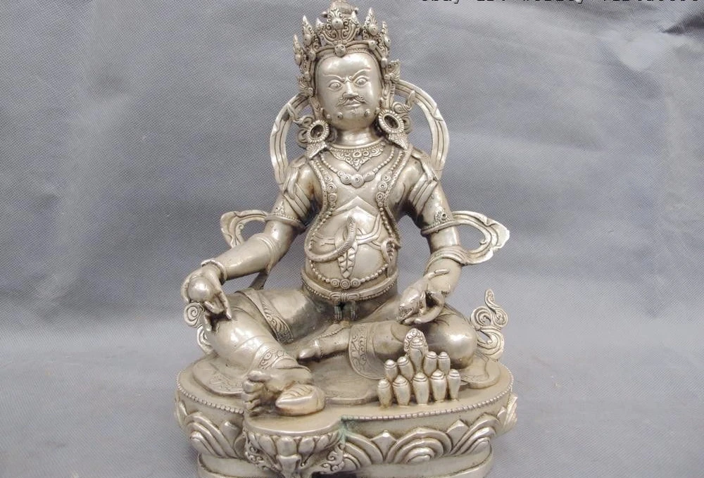 

Chinese Buddhism Temple White Copper Silver Yellow Jambhala God of wealth Statue