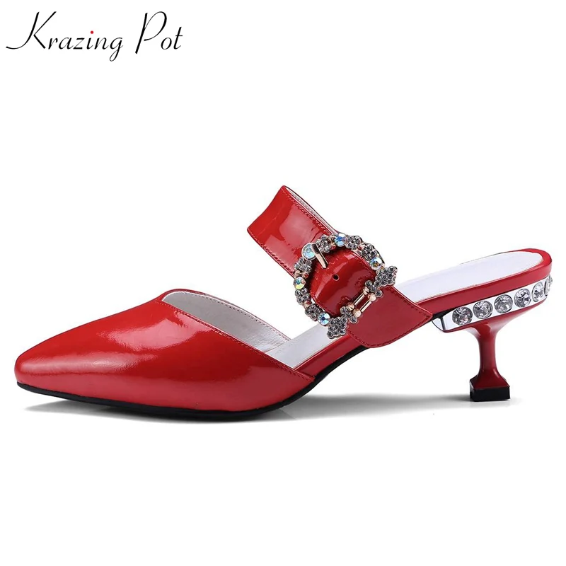 

Krazing pot mules shoes women slippers sandals 2018 summer new patent leather pointed toe rhinestone high heels plus size L57