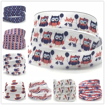 

10 yards/lot 4th of July Print Fold Over Elastic American Independence Day Blue Red FOE Ribbon 16mm for Ponytail Holder Bracelet