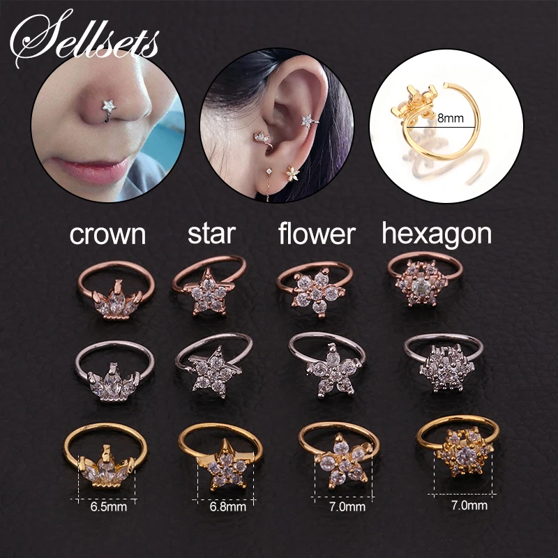 

Sellsets 1PC Flower Crown Star CZ Nose Jewelry Hoop Tragus Earring Conch Rook Daith Cartilage Hoop Earrings Helix Piercing