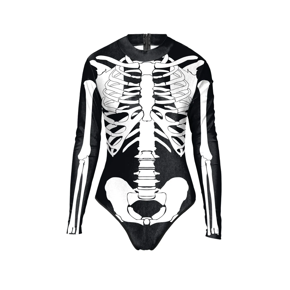 

N-olsollo Newest Halloween 3D Skeleton Muscle Heart Women Jumpsuits Long Sleeve Sexy Bodysuits Zipper High Neck Skinny Playsuits