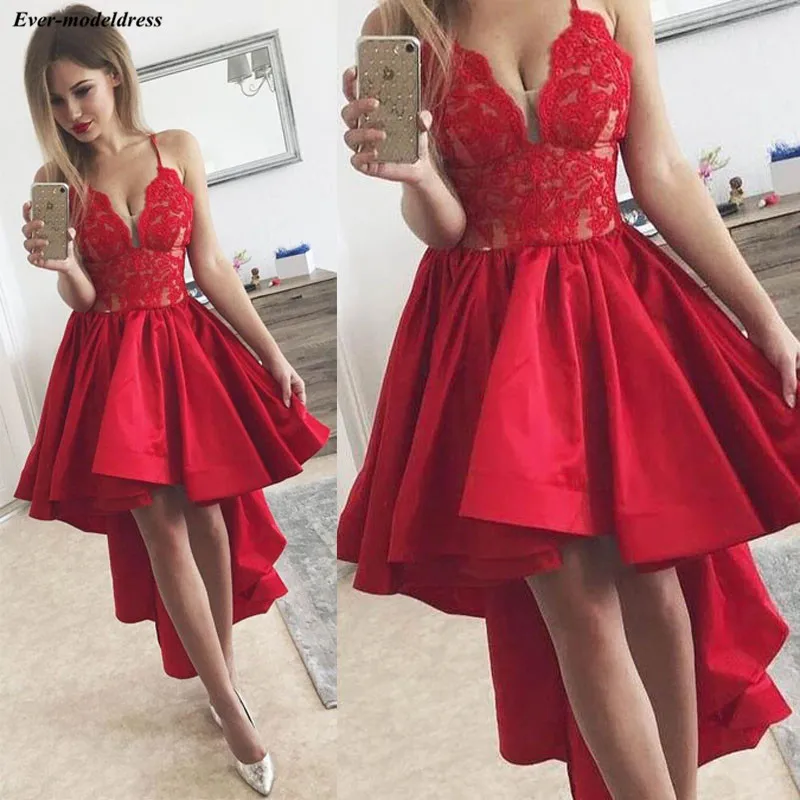 

2019 Hi-Lo Red Prom Dresses Lace Appliques Spaghetti Starps V-Back A-Line Formal Evening Party Gowns Vestido De Festa Customized