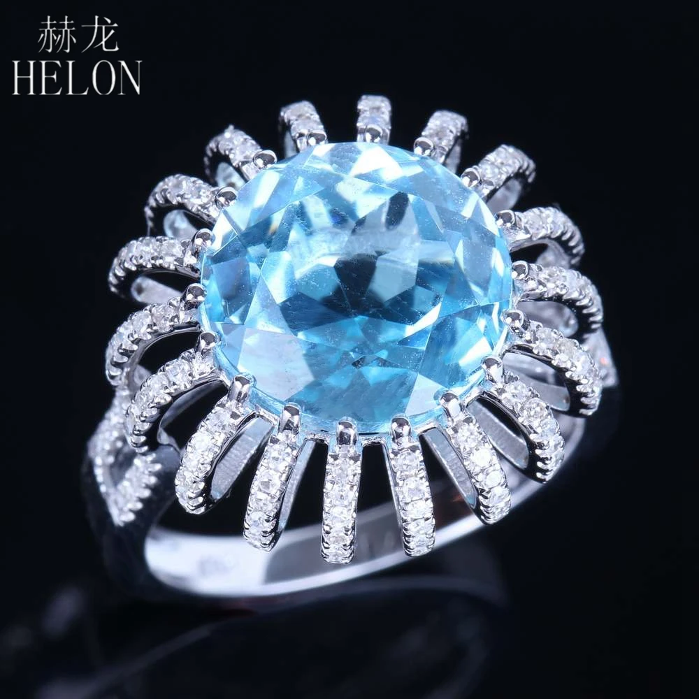 

HELON Round 11mm 7.4ct Blue Topaz Engagement Wedding Ring Solid 10K White Gold Fine Jewelry Pave Natural Diamonds Gemstone Ring