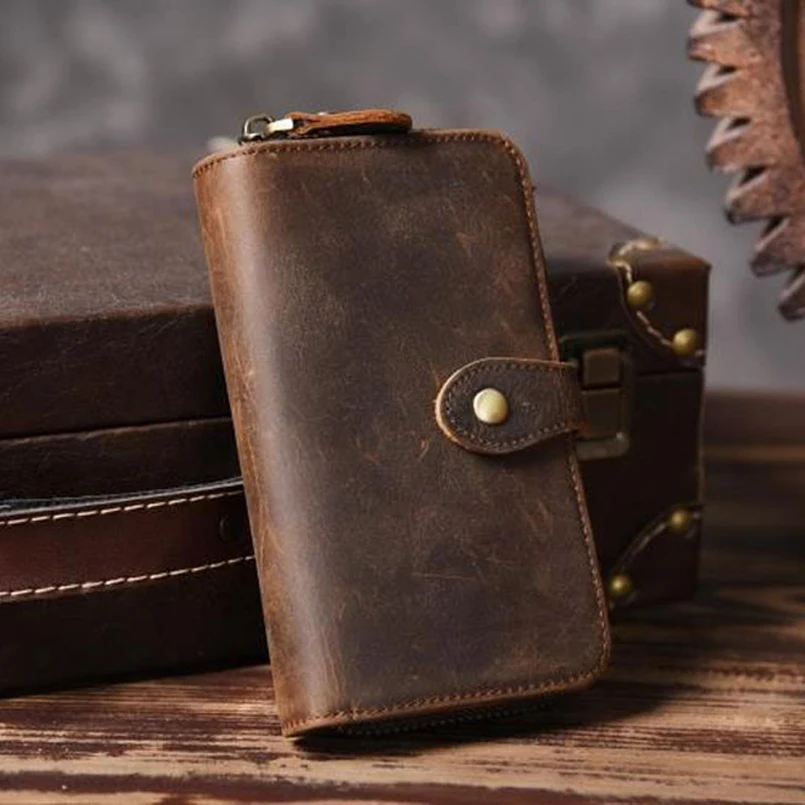 Мужской кошелек из натуральной воловьей кожи Crazy Horse, модный длинный Стильный клатч, мужской кожаный кошелек-клатч, винтажная сумка для денег