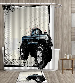 

Truck Shower Curtain Personality Halftone Pattern Background with Color Splashed Frame and Monster Truck Motif Bathroom Set