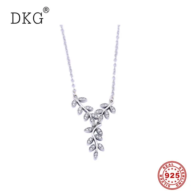

925 Sterling Silver Original Leaves Silver Collier Pan Necklace With Clear Cubic Zirconia For Women Gift DIY Jewelry