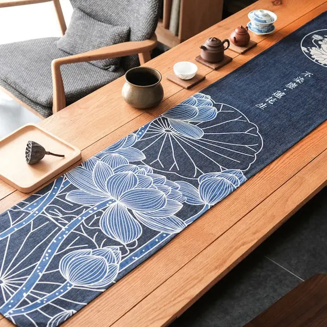 Linen Table Runner Japanese Style Lotus Pattern Table Runners Dustproof
