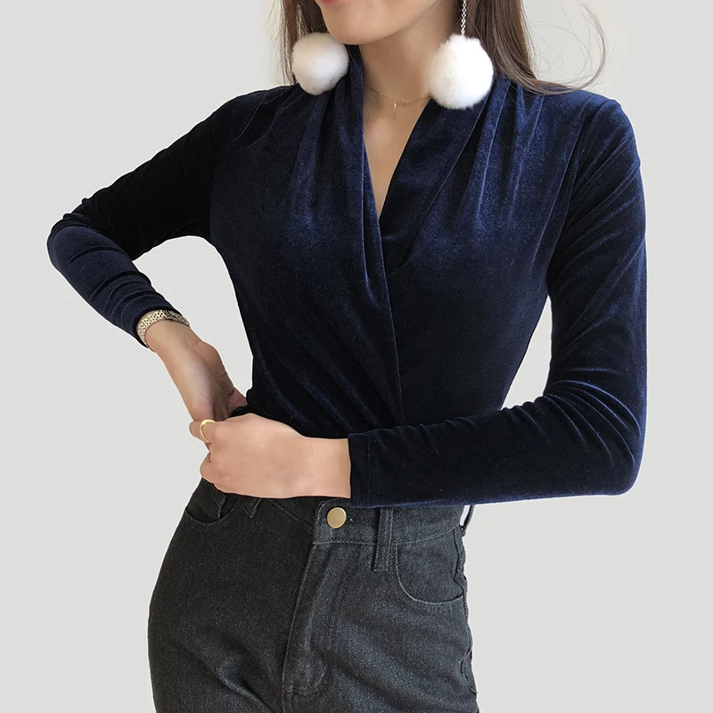 Autumn Winter Deep V-Neck Velour Bodysuit Women Sexy Jumpsuit Solid Long Sleeve Slim Casual Elegant Ladies Bodysuits Rompers