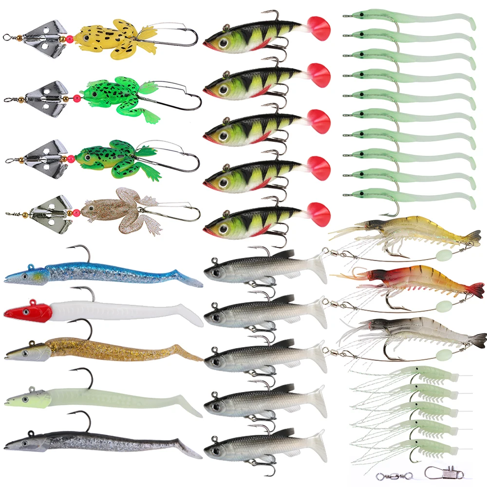 

Goture 37 pieces Fishing Lure Set Kit Soft Lures Wobblers Artificial Silicone Bait Fishing Accessories with FREE Headband Gift