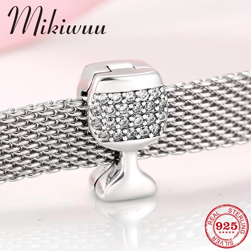 

New 925 Sterling Silver crystal CZ fine wine glass shape clips Beads fit reflexions charm Bracelet women jewelry