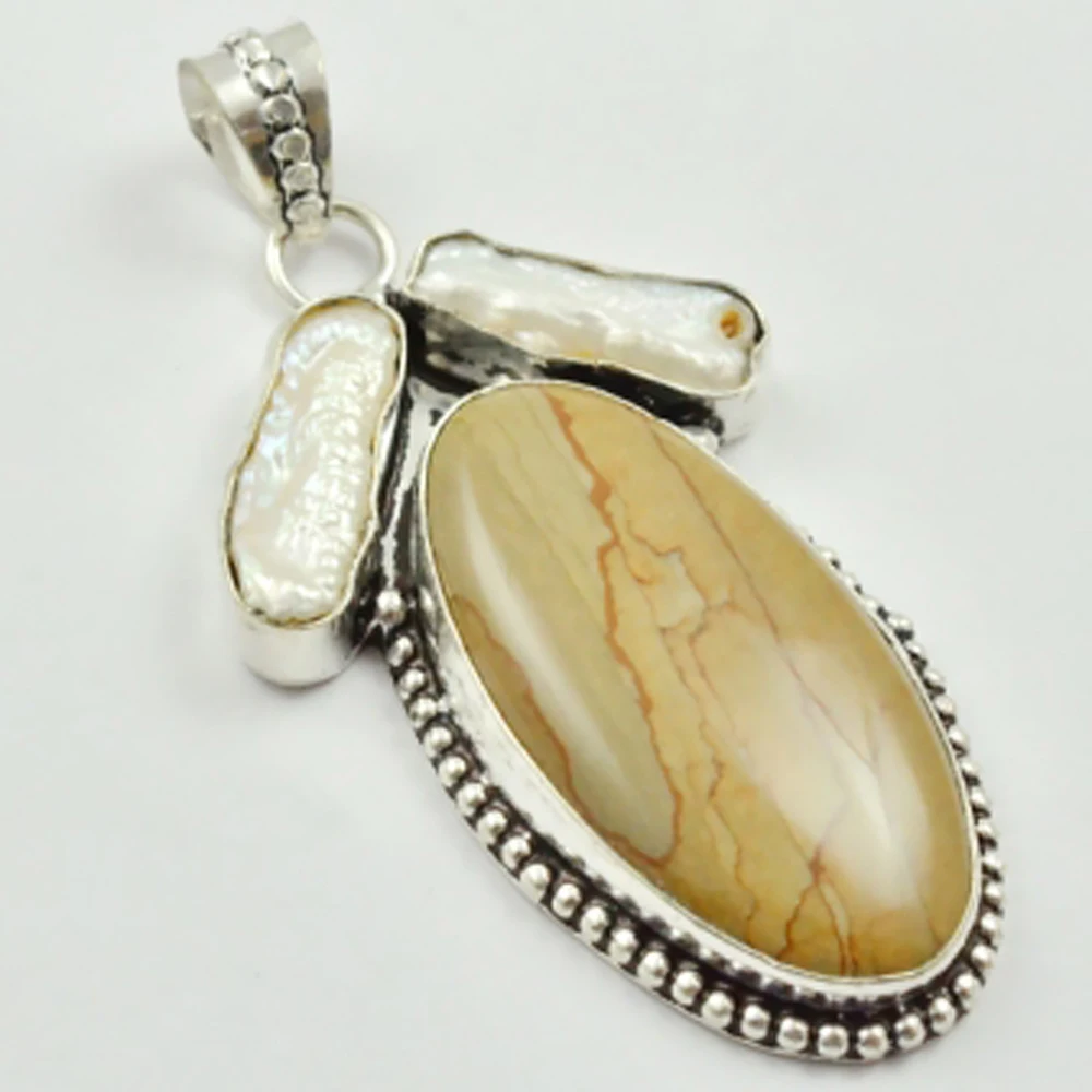 

Picture Jaspers & Biwa Pearls Pendant Silver Overlay over Copper , 68 mm, P2859