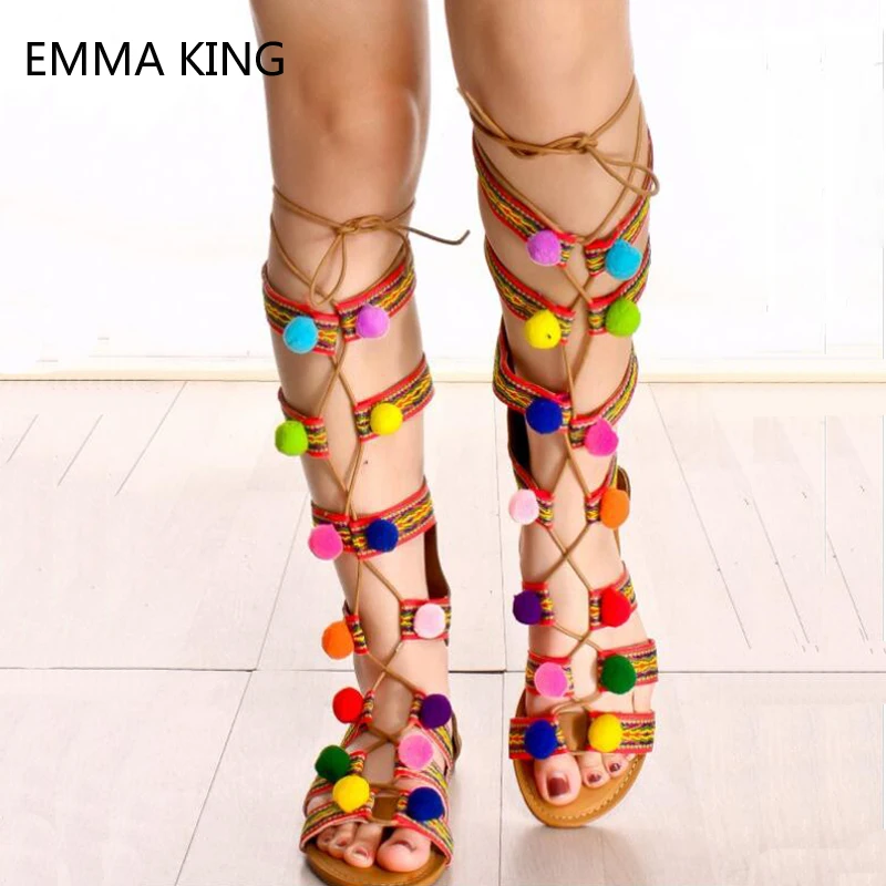 

Women Bohemia Sandals Female Lace Up Open Toe Gladiator Sandals Women Multi Straps Faux Leather Knee High Ladies Shoes Casual