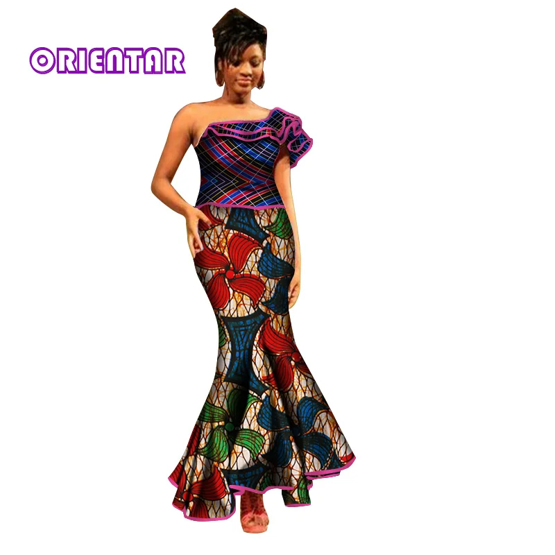 

Women African Dress African Traditional Clothing Bazin African Print Dresses for Women Lady One-Shoulder Bodycorn Dress WY2785
