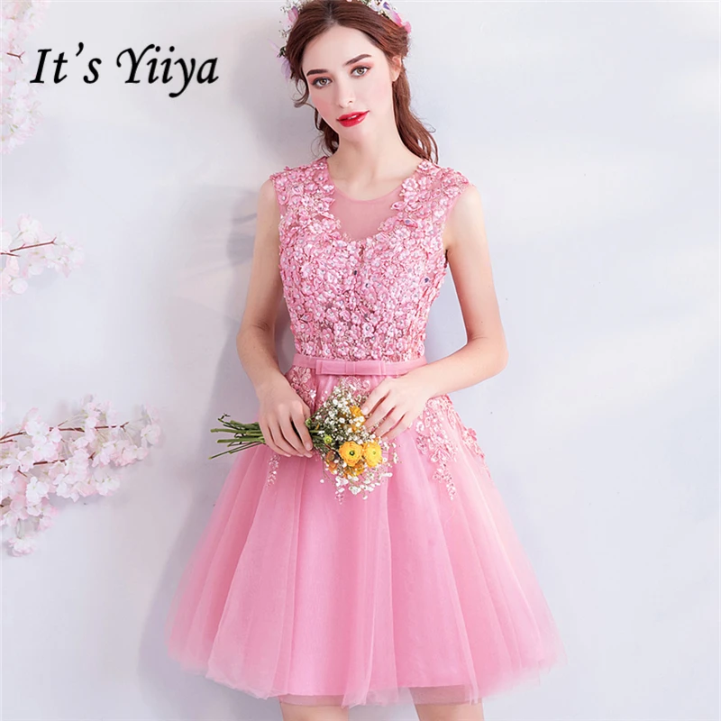 It's YiiYa Pink Cocktail Dresses Bling Beading Sleevless Flower Pattern