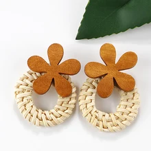 AENSOA, pendientes trenzados de ratán tejido de paja hechos a mano con flores de madera, trenza de vid hueca de verano, pendientes redondos, joyería Natural