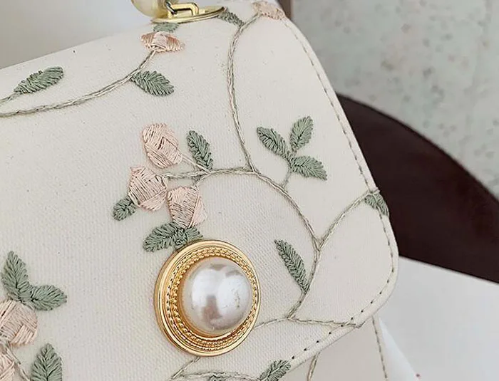 Hot Floral Embroidery Handbag Purse Handbag Pearl Chain Tote Bag Leather Messenger Bags Crossbody Clutch Bag