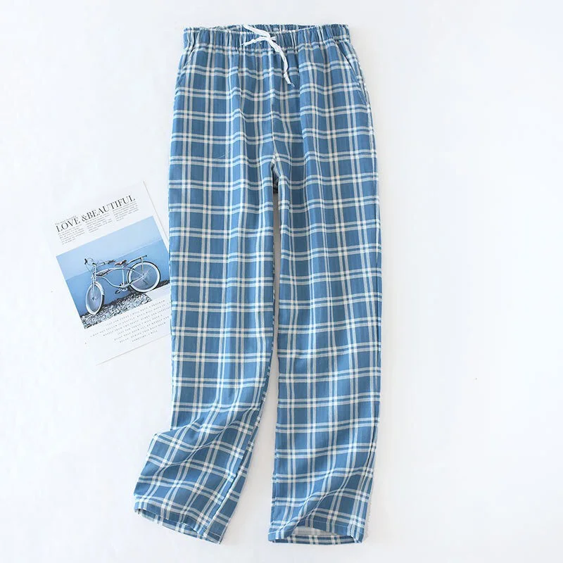 Весенние и летние новые пижамные штаны мужские газовые хлопковые простые Стильные клетчатые брюки эластичный пояс полная длина для сна, низ - Цвет: Blue