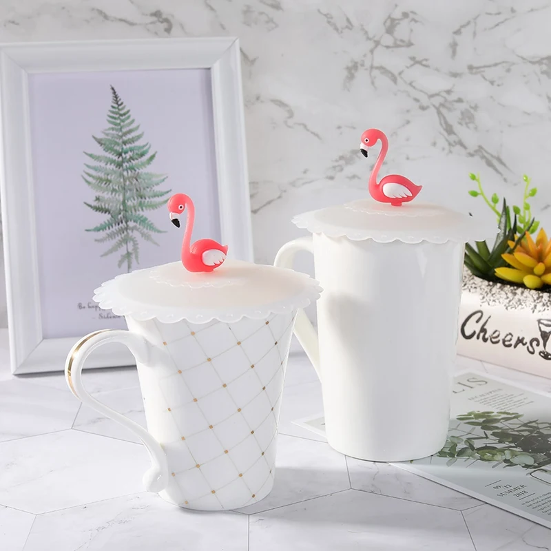 

4 Sizes Lovely Pink Flamingo Dustproof Leakproof Reusable Seal Cover Silicone Lid Cap Covers Thermal Insulation Tea Cup Cover