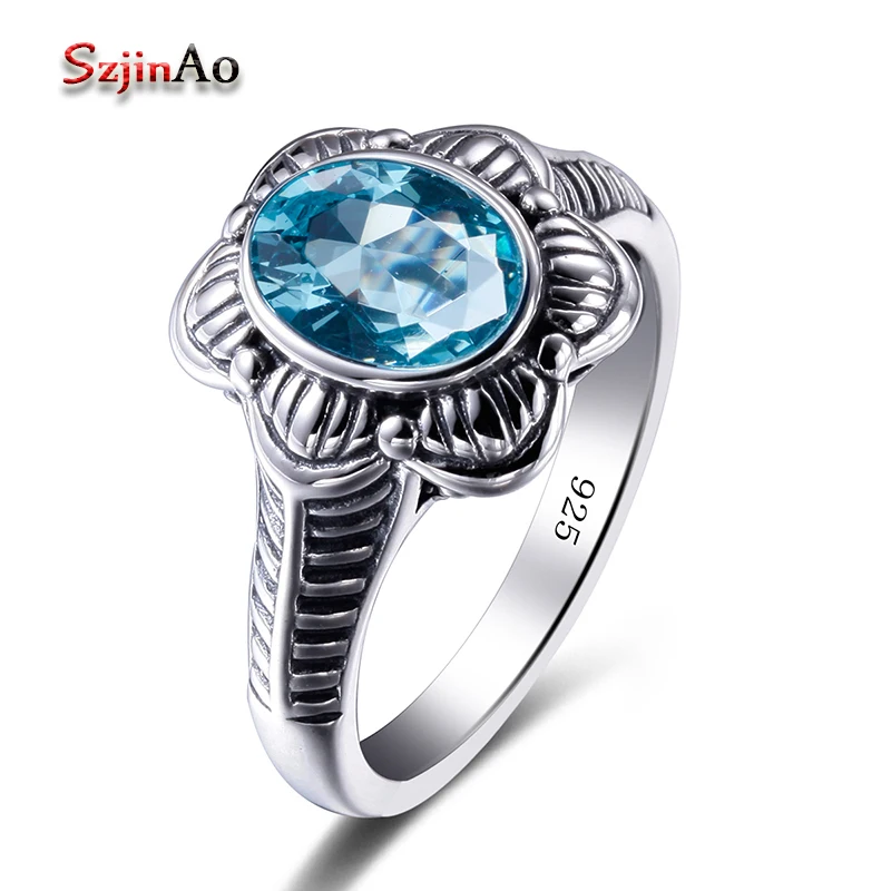 

Szjinao Flower Manufacturer 925 sterling silver jewelry Bridal Rings Bohemia Blue Aquamarine Vintage Ring Christmas gift