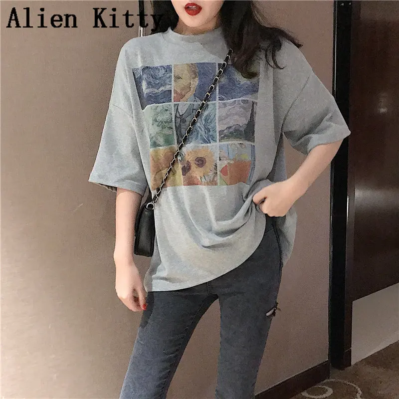 

Alien Kitty 2019 Summer New Print Vintage Simple Loose Fresh Casual Hot Half-Sleeved Summer O-Neck Cotton Basic T-shirt 3 Colors