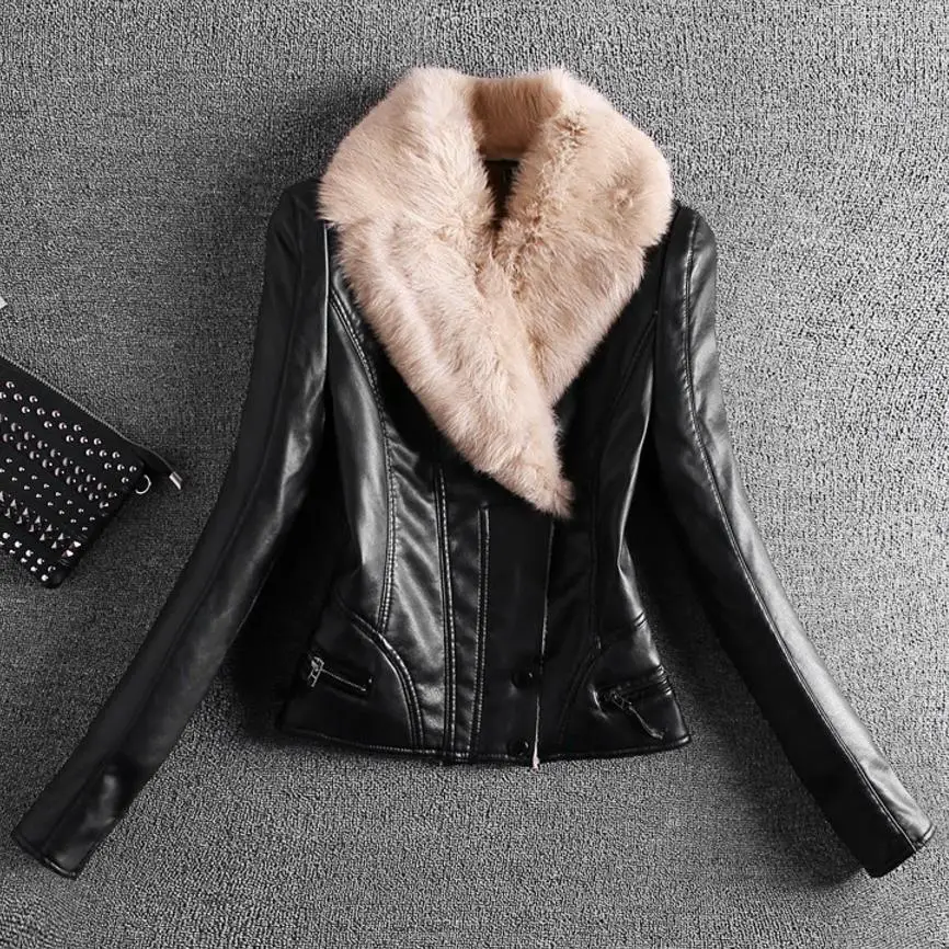 

New Spring And Winter Leather Short Rabbit Fur Collar PU Leather Jacket plus size 4XL