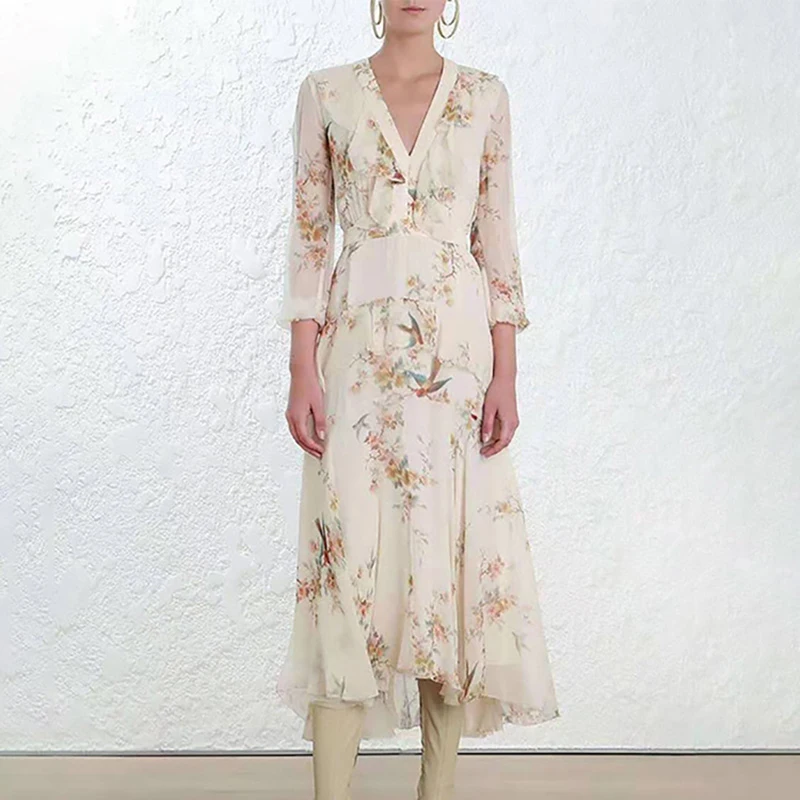 

Fashion Newest Stylish 2019 Summer Runway Designer Dress Women's V-neck Ruffle Brief Floral Print Midi Dress