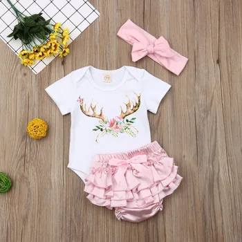 

Pudcoco Summer Newborn Baby Girl Clothes Antler Print Short Sleeve Cotton Romper Wave Ruffle Shorts Headband 3Pcs Outfits Summer