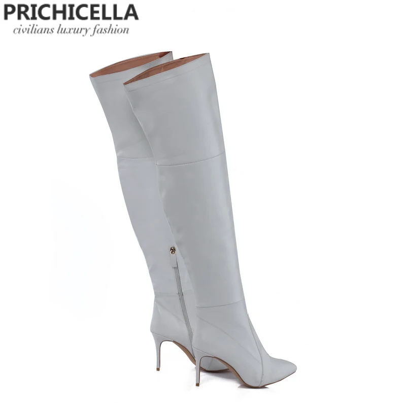 PRICHICELLA 8 см 10 см серый натуральная кожа сапоги выше колена высокие ботинки size34-42